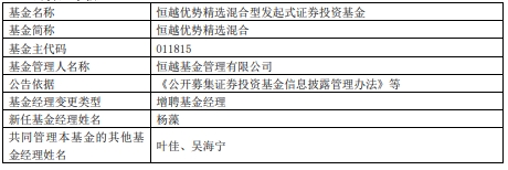 恒越优势精选混合增聘基金经理杨藻