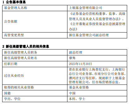 上银基金任命廖隽为副总经理