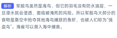 以下哪种海鸟的羽毛不能沾水主要靠抢夺食物为生-支付宝神奇海洋10月20日答案2023