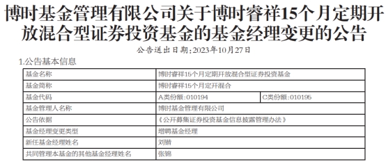 博时睿祥15个月定开混合增聘刘锴 累计净值约0.68元