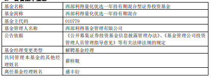 盛丰衍离任西部利得量化优选一年持有期混合