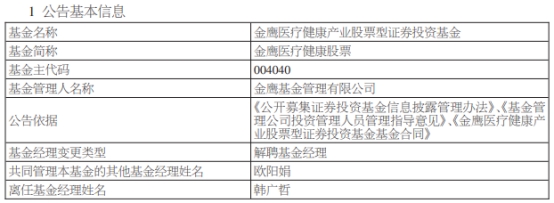 金鹰基金韩广哲离任2只基金