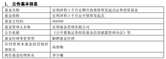 李宇璐离任宏利泽利3个月定开债券发起式