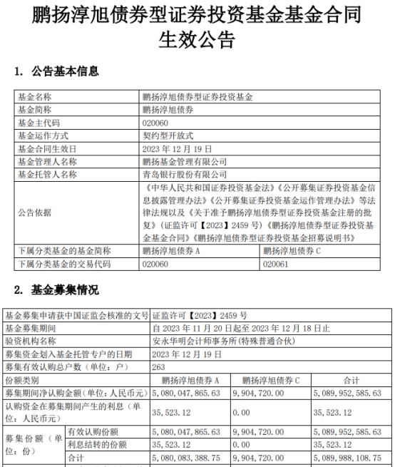 鹏扬淳旭债券成立 基金规模50.9亿元