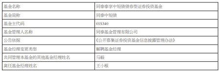 王小根离任同泰恒兴纯债与同泰中短债基金