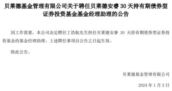 贝莱德基金2只债基由丁浩航担任基金经理助理