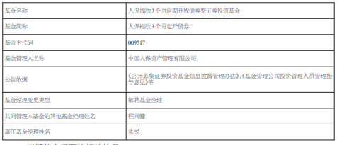 朱锐离任人保福欣3个月定开债券 程同朦管理