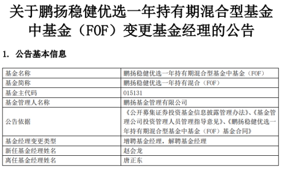 鹏扬稳健优选一年持有混合增聘赵会龙 唐正东离任