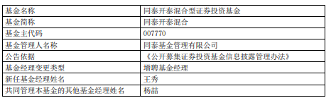 同泰金融精选同泰慧盈同泰开泰增聘基金经理王秀