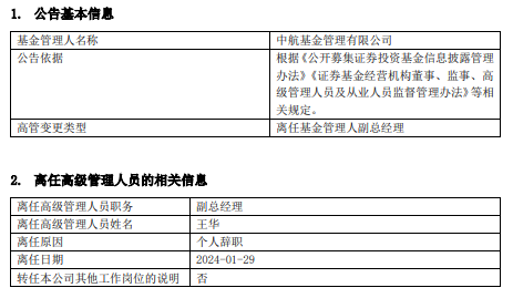 中航基金副总经理王华辞职